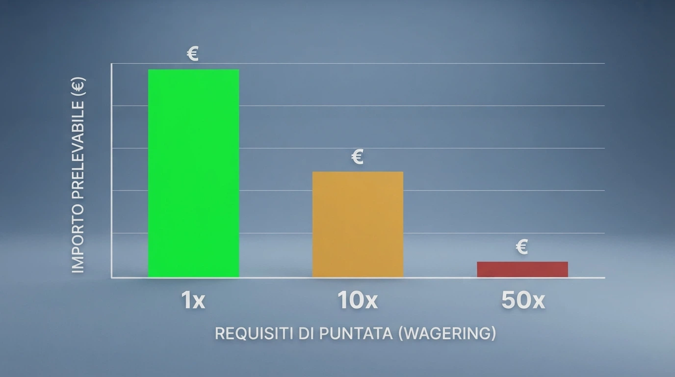 Un confronto visivo tra tre offerte di giri gratis con wagering diverso (1x, 10x, 50x) e il saldo finale dopo lo sblocco