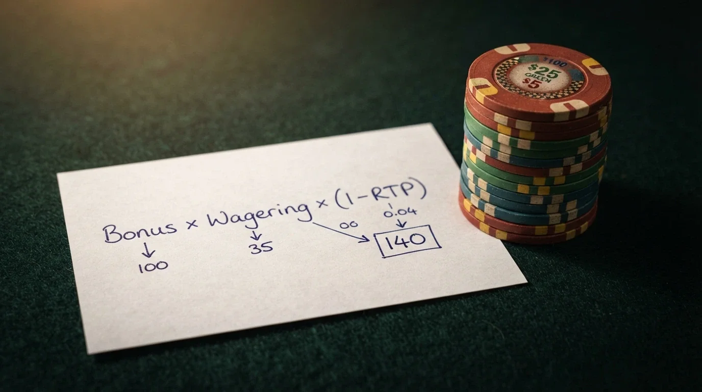 Una pila di fiches da casinò accanto a un foglio con una formula di calcolo semplificata (bonus × wagering × (1−RTP))