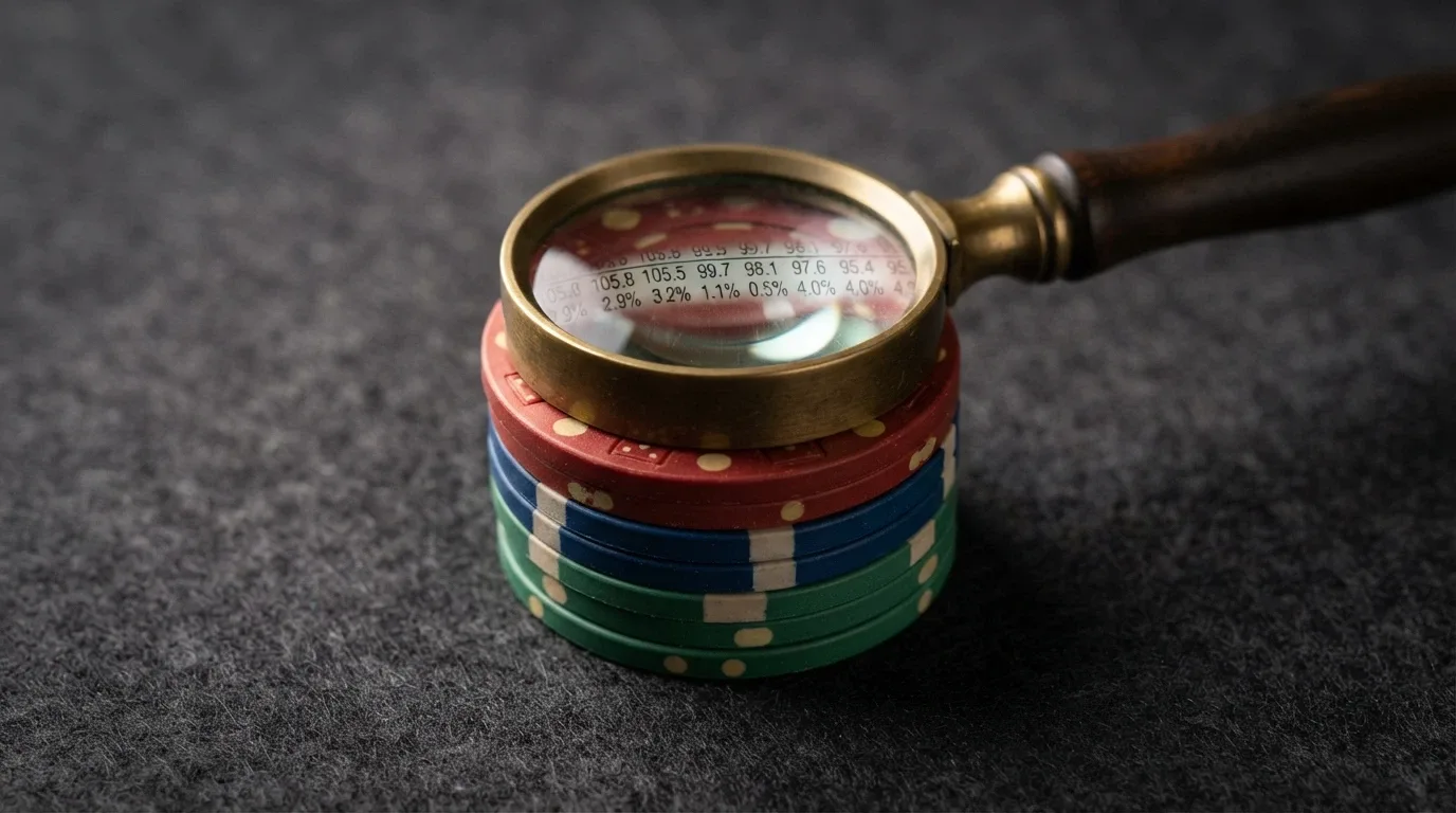 Una pila di fiches con una lente di ingrandimento che rivela termini e condizioni in piccolo, con percentuali di wagering evidenziate
