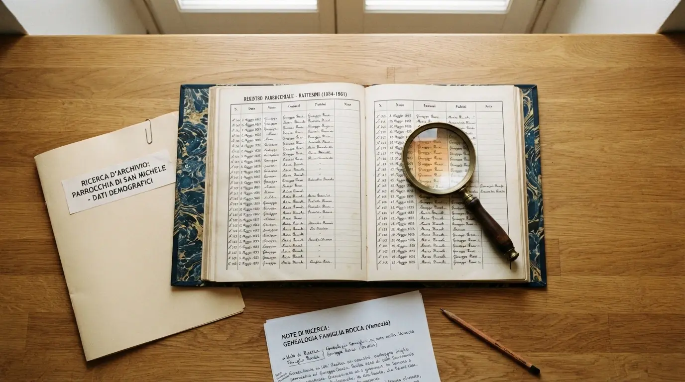Una scrivania con appunti di ricerca, il registro concessioni ADM aperto e una lente di ingrandimento sui loghi dei casinò analizzati