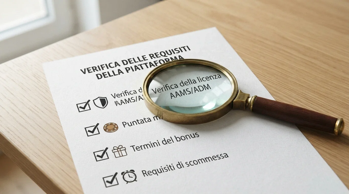 Una lente d'ingrandimento appoggiata su una lista di controllo con le voci licenza ADM, puntata minima, bonus e wagering