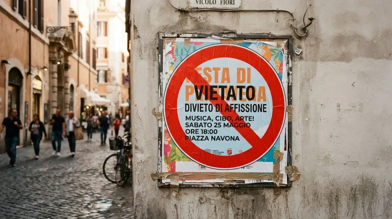 Manifesto pubblicitario di un casinò barrato da un segnale di divieto, con testo normativo in sovrimpressione