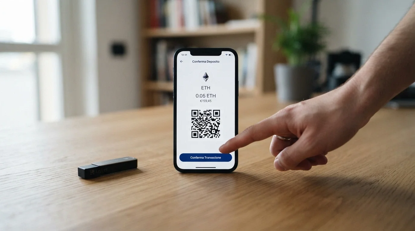 Uno smartphone con il display che mostra un wallet Bitcoin accanto alla schermata di deposito di un casinò online, con l'indirizzo BTC in evidenza