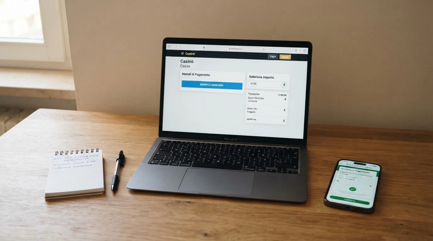 Una scrivania con un computer aperto sulla pagina di cassa di un casinò online, un telefono con l'app della banca e un blocco note con l'IBAN del casinò scritto a mano