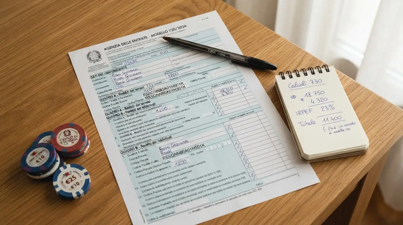 Un modulo fiscale italiano (Modello Redditi PF) in primo piano con una penna e calcolatrice, affiancato da una pila di fiches da casinò