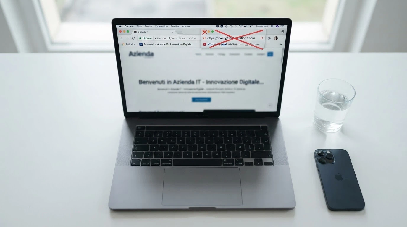 Barra degli indirizzi del browser con evidenziato un dominio .it di un casinò autorizzato, affiancata da un dominio .com barrato in rosso