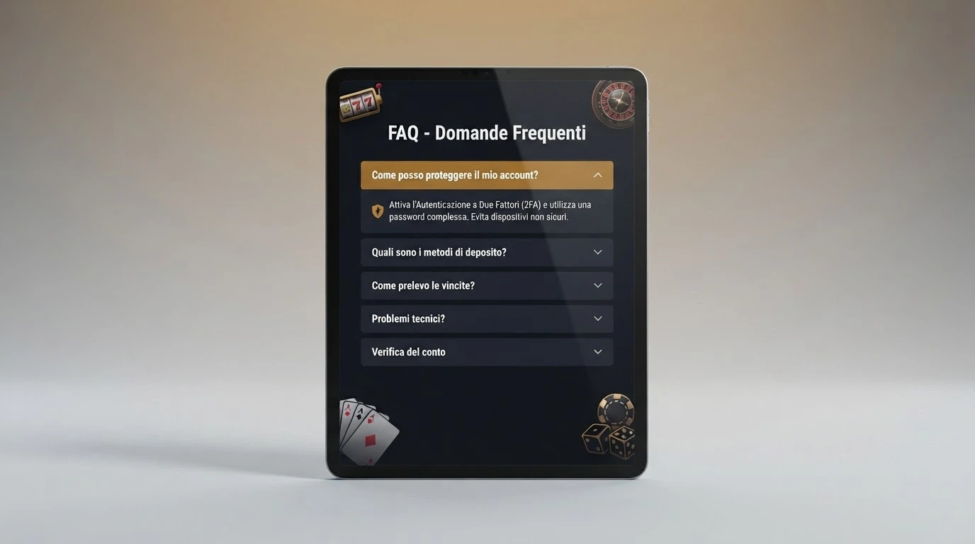 Una schermata di FAQ con una domanda evidenziata e una risposta in apertura a fisarmonica, icone di slot e tavoli da gioco sullo sfondo