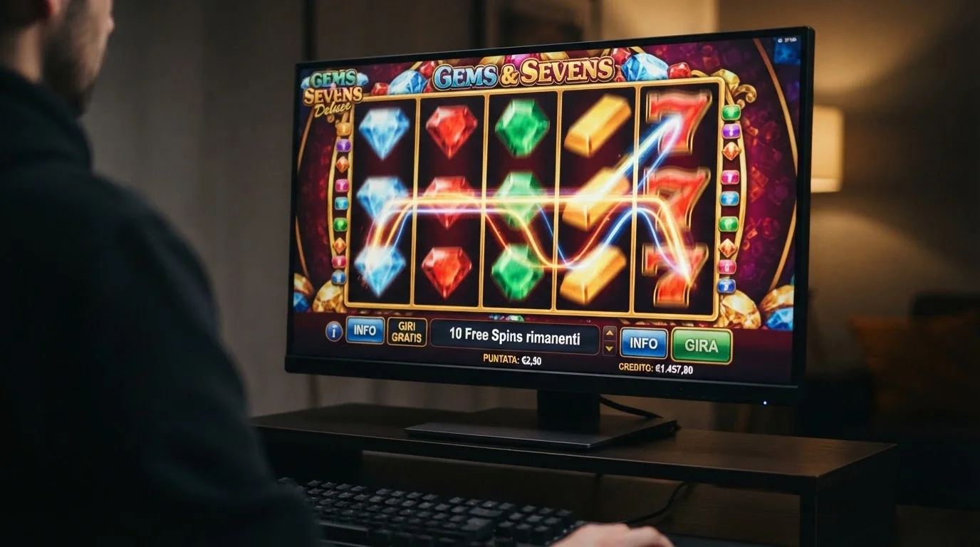 Una slot machine online in primo piano su desktop con il contatore dei giri gratis attivo, il testo «10 Free Spins rimanenti» sullo schermo