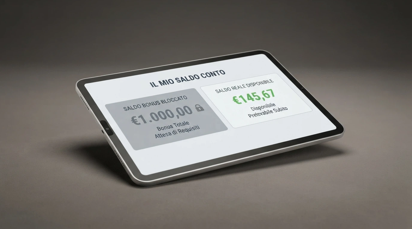 Schermata di un casinò che mostra la separazione tra saldo bonus e saldo reale nel pannello del conto gioco