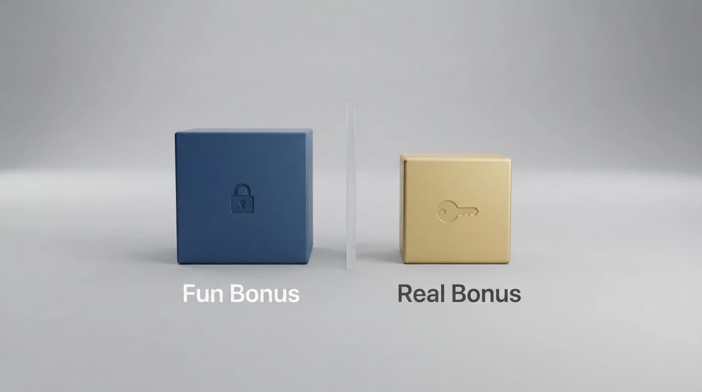 Due colonne affiancate: a sinistra «Fun Bonus» con l'icona di un lucchetto, a destra «Real Bonus» con l'icona di una chiave, e sotto ciascuna le condizioni di sblocco