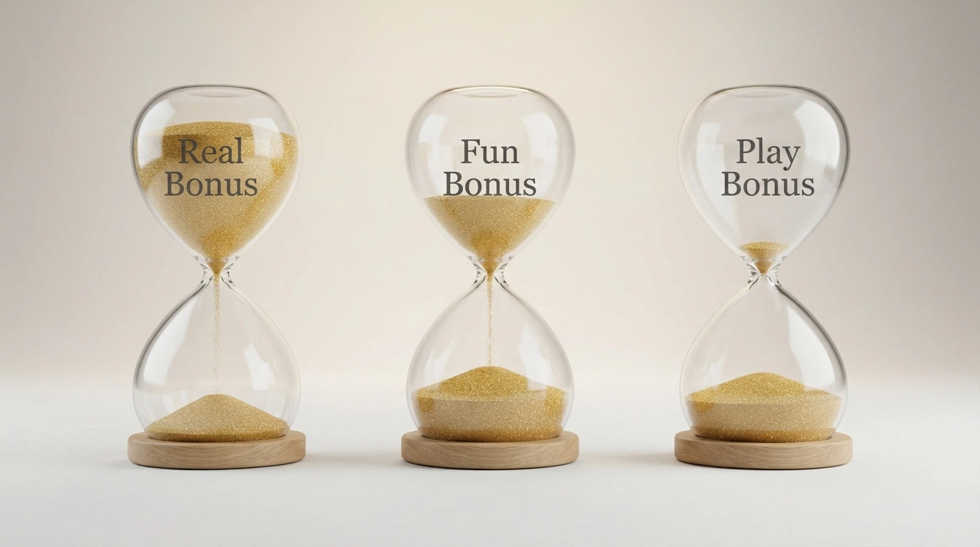 Tre clessidre affiancate con quantità di sabbia diverse: la prima quasi piena (Real Bonus), la seconda a metà (Fun Bonus), la terza quasi vuota (Play Bonus), ciascuna con il rispettivo termine in italiano scritto sul vetro