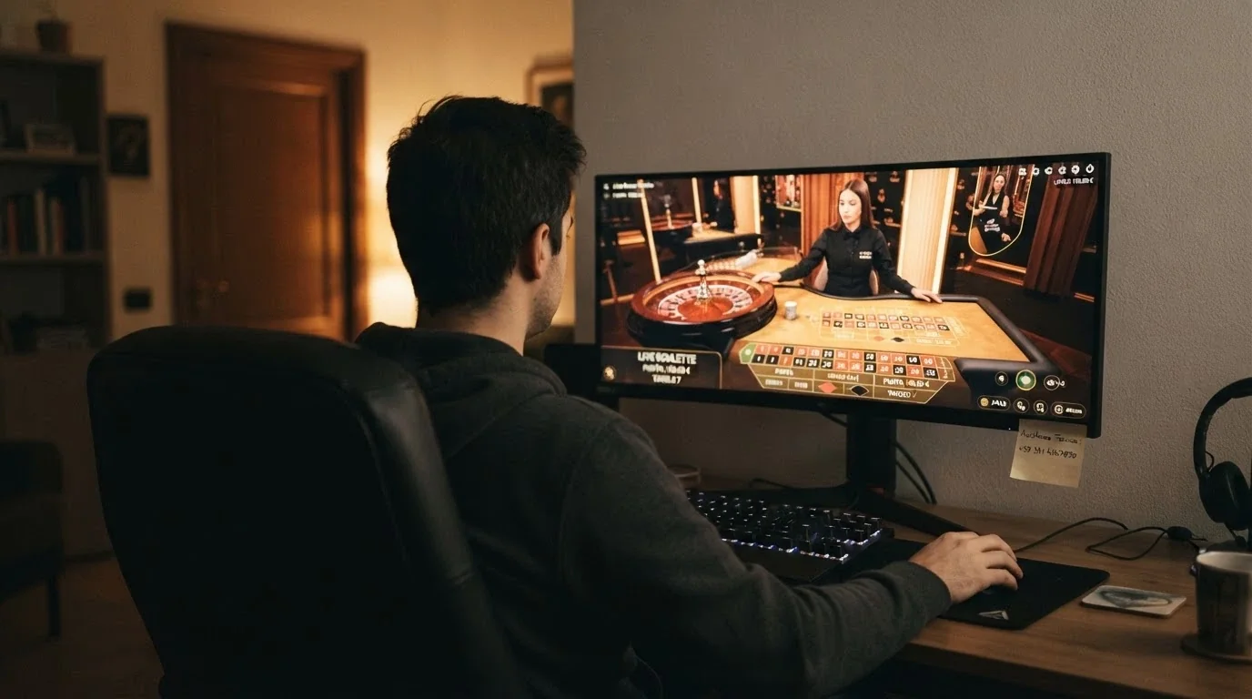 Giocatore di spalle seduto davanti a uno schermo che mostra un tavolo live di roulette, con il Telefono Verde Gioco d'Azzardo annotato su un post-it accanto al monitor