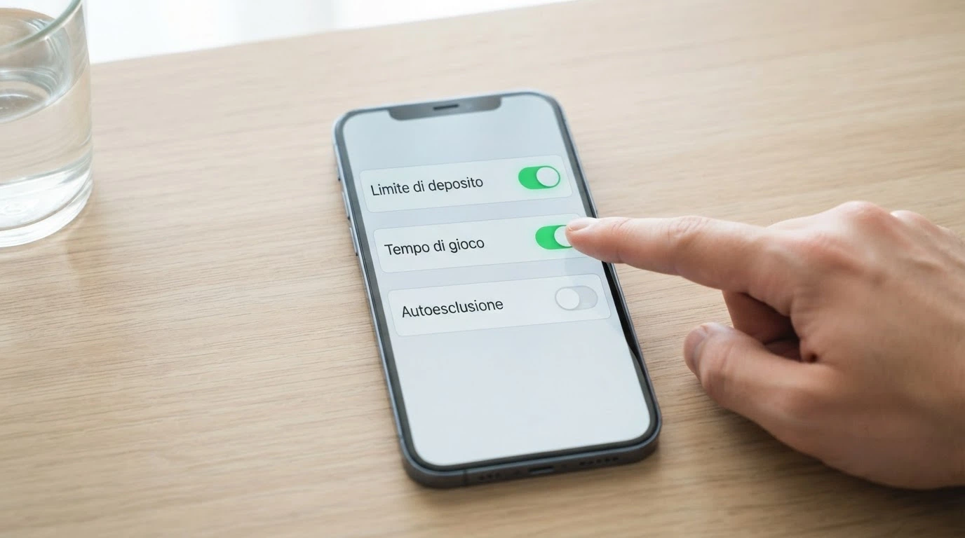 Un'interfaccia di impostazioni con interruttori per limiti di deposito, tempo e autoesclusione, uno spento e senza interruttore acceso spento in basso
