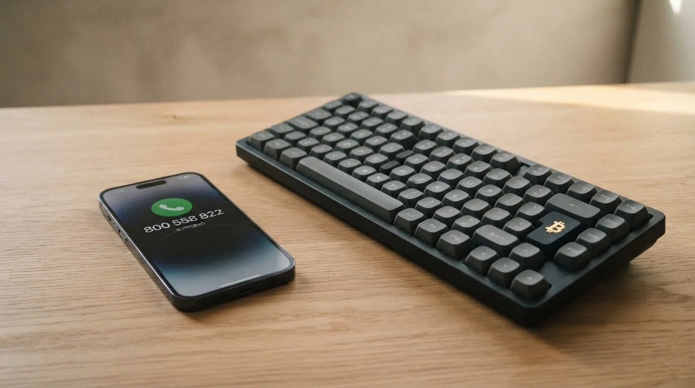 Un telefono con il numero verde 800 558 822 sullo schermo, appoggiato accanto a una tastiera con il logo Bitcoin su un tasto — il contrasto tra aiuto e rischio