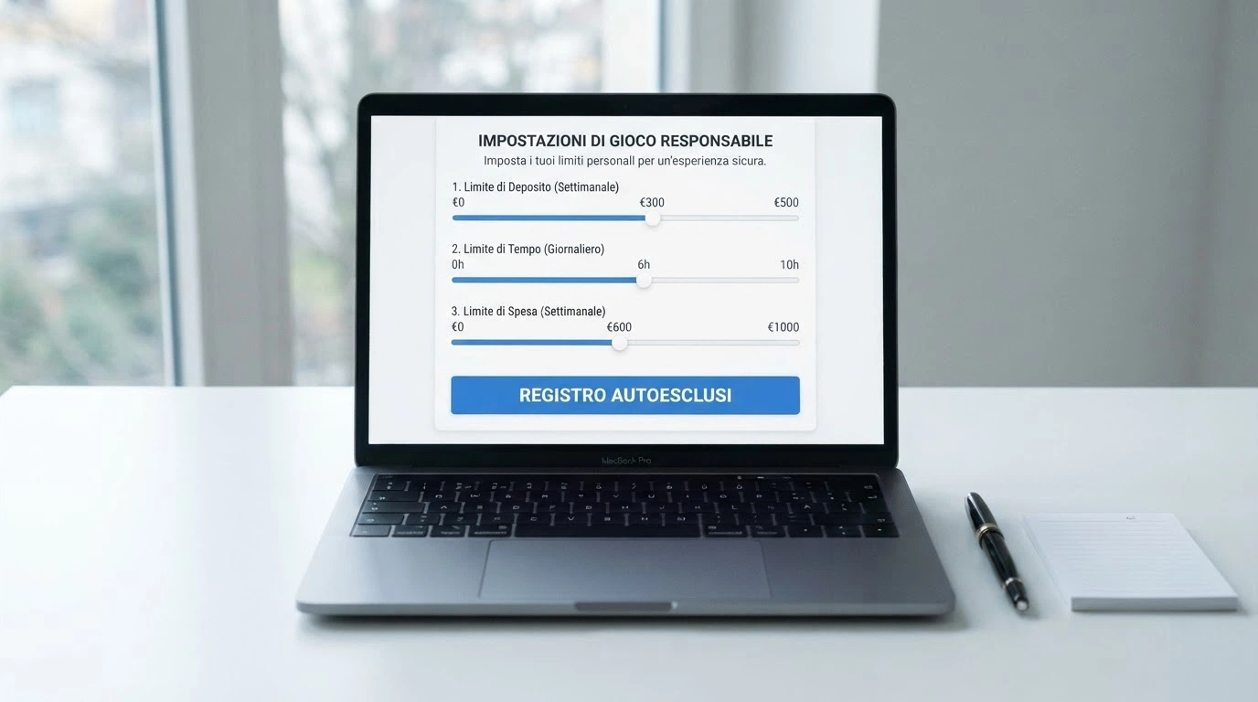 Una schermata dell'area personale di un casinò ADM con i cursori per impostare limiti di deposito, spesa e tempo, e il pulsante «Registro Unico degli Autoesclusi»