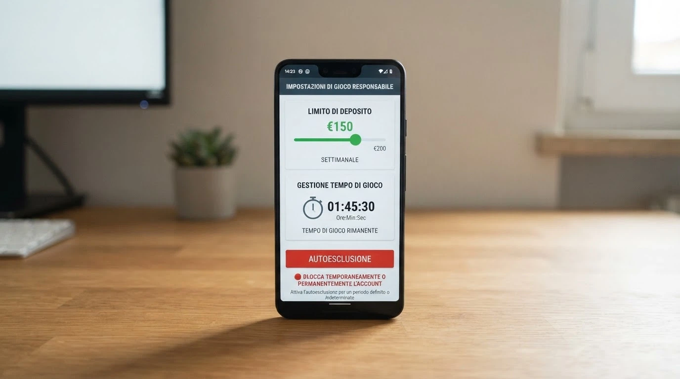 Schermata di un pannello di controllo con slider per limiti di deposito, timer di sessione e pulsante autoesclusione