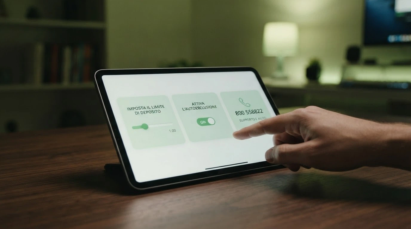 Un cruscotto digitale con tre sezioni illuminate: «Limiti di deposito», «Autoesclusione RUA», «Telefono Verde 800 558822», su sfondo rassicurante verde scuro