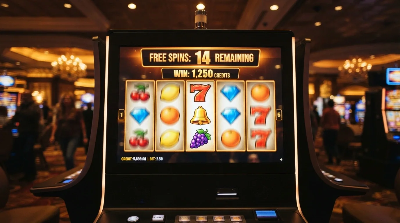 Rulli di una slot online con simboli colorati e un contatore di giri gratis attivo nella parte superiore