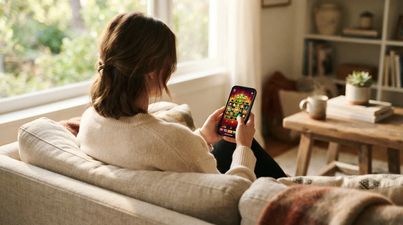 Mano che regge uno smartphone con una slot online in esecuzione, ambiente casalingo sullo sfondo