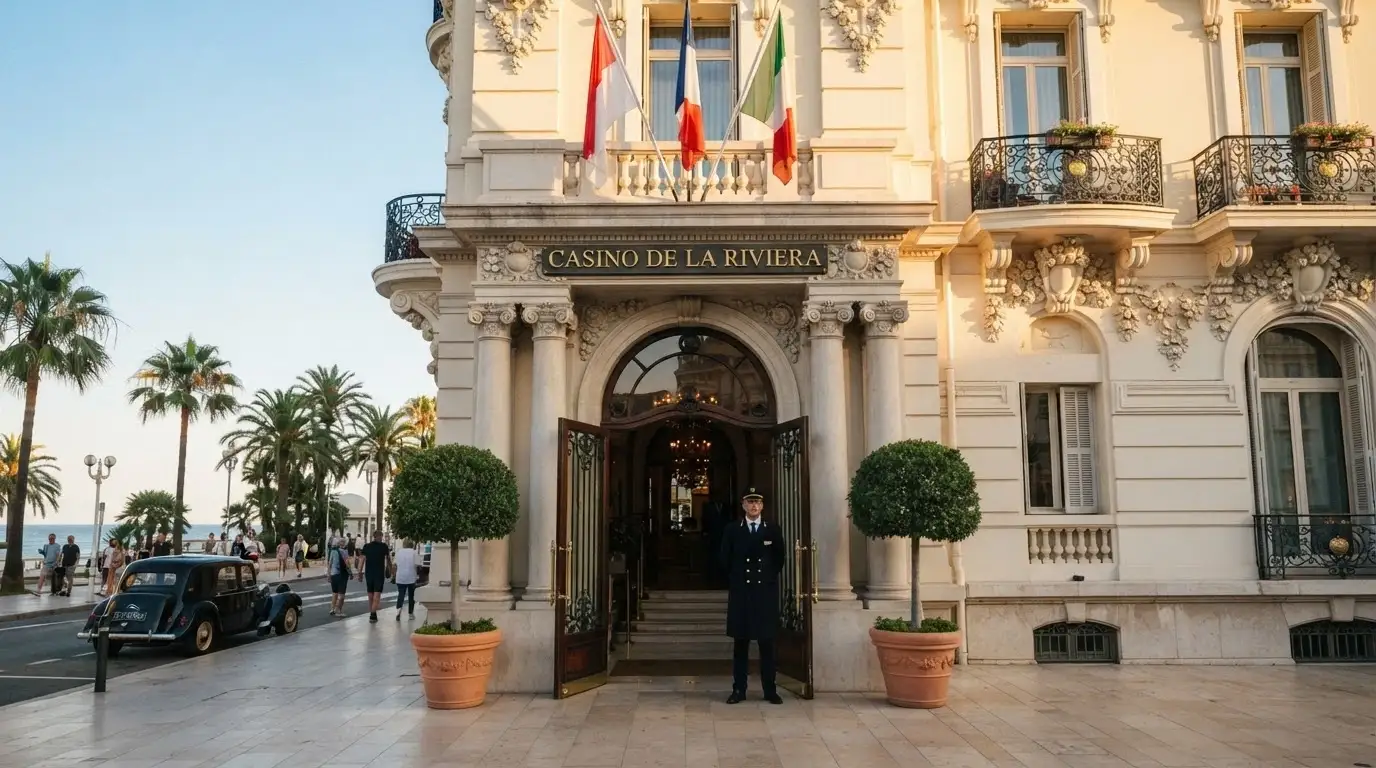 Ingresso principale del Casinò di Sanremo su Corso degli Inglesi con bandiere e portiere in livrea