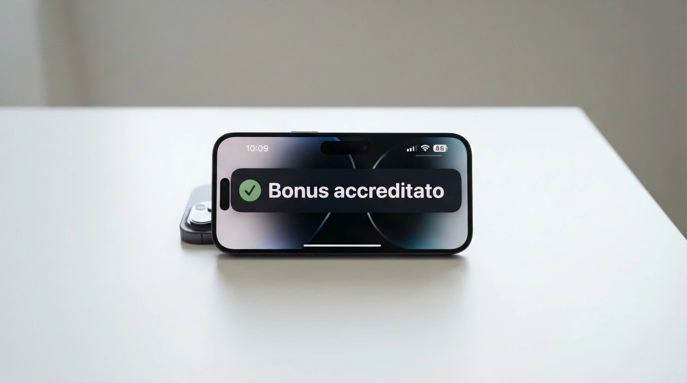 Primo piano di uno smartphone con la schermata di accredito di un bonus casinò, la notifica «Bonus accreditato» sullo schermo