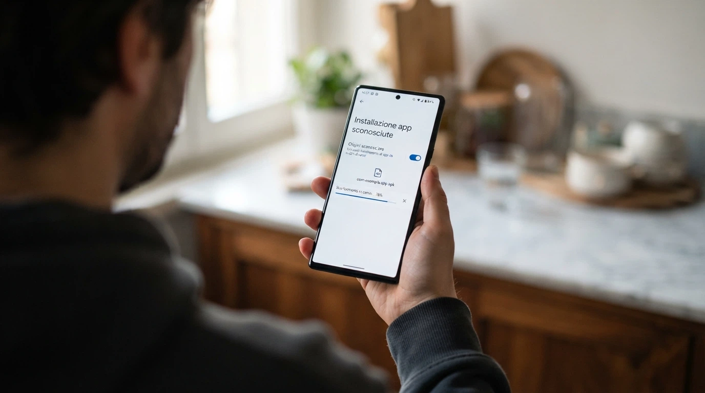 Schermata delle impostazioni Android con l'interruttore «origini sconosciute» attivato e un file APK in fase di installazione
