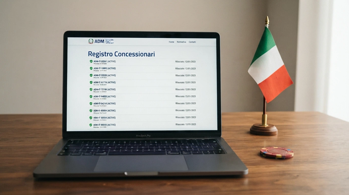 Il logo ufficiale dell'ADM (Agenzia delle Dogane e dei Monopoli) affiancato a un elenco stilizzato di codici di concessione e alla bandiera italiana, su sfondo istituzionale blu