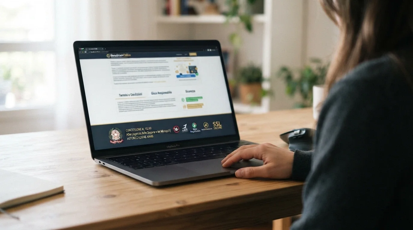 Il logo dell'Agenzia delle Dogane e dei Monopoli accanto al numero di concessione nel footer di un casinò online italiano