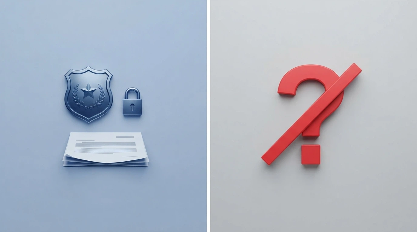 Un confronto visivo a due colonne: a sinistra il logo ADM con icone di scudo, lucchetto e documenti; a destra un punto interrogativo su sfondo grigio con la scritta «non AAMS» barrata in rosso