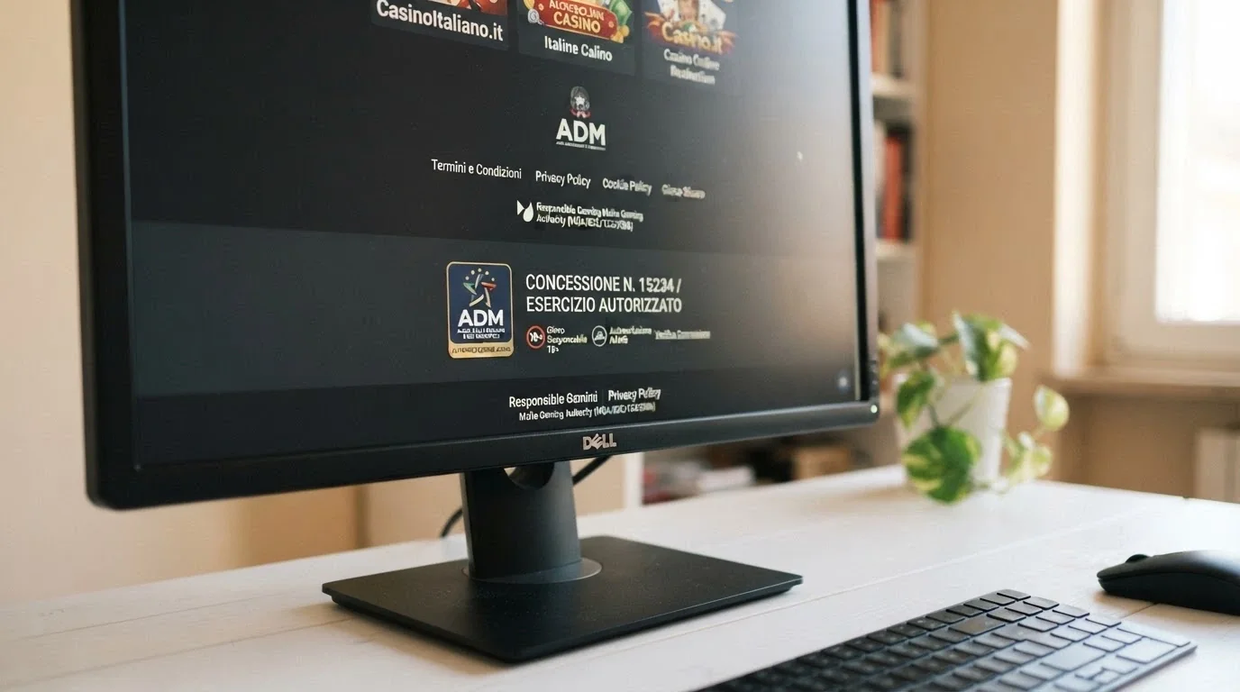 Primo piano del logo ADM sul footer di un casinò online accanto al numero di concessione governativa
