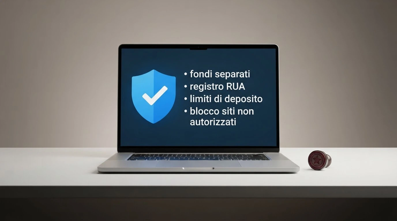 Il logo ufficiale ADM accanto a un elenco puntato con le tutele: fondi separati, RUA, limiti di deposito, blocco DNS dei siti non autorizzati