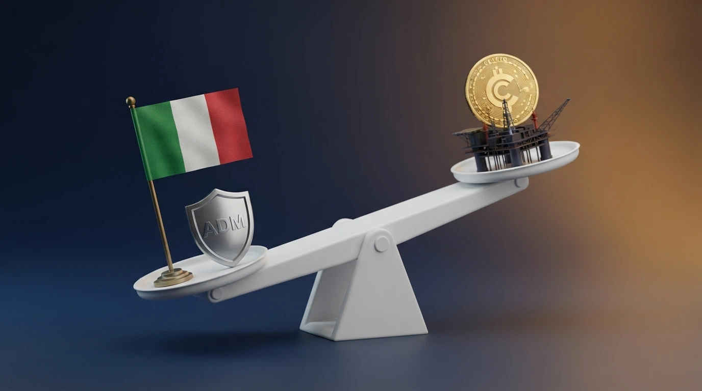 Una bilancia a due piatti: su uno il simbolo dell'ADM con la bandiera italiana, sull'altro il logo Bitcoin con la scritta «offshore» — i due piatti non sono in equilibrio