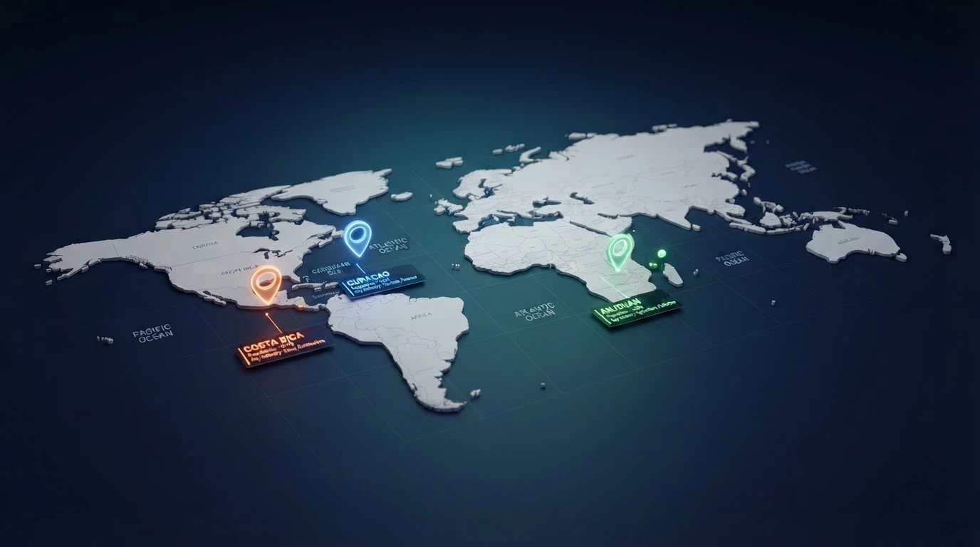 Mappa delle tre giurisdizioni offshore per licenze di gioco: Curaçao, Anjouan e Costa Rica