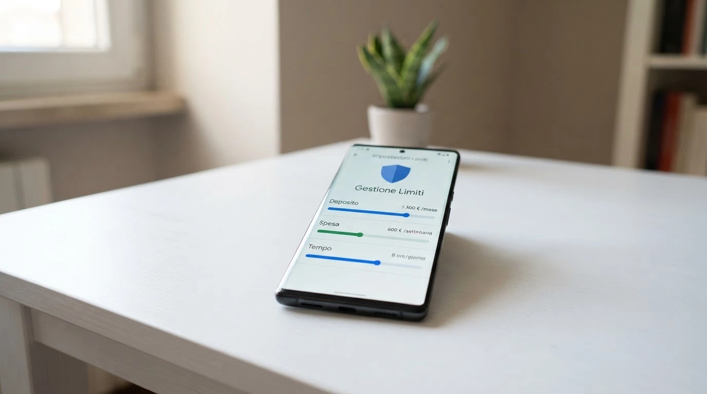 L'interfaccia di un pannello di controllo con cursori per impostare limiti di deposito, spesa e tempo di gioco, con un'icona a forma di scudo