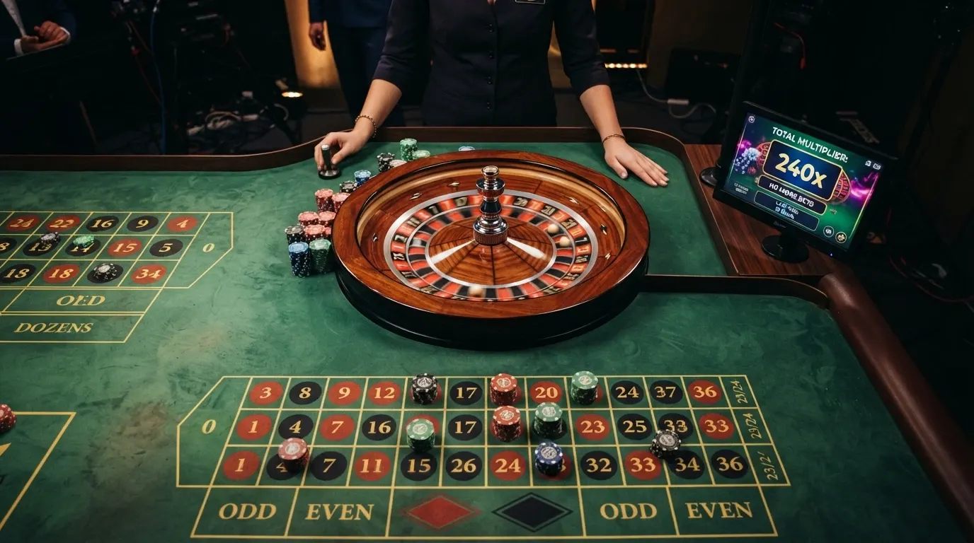 Tavolo da live casino con dealer in streaming e interfaccia crypto
