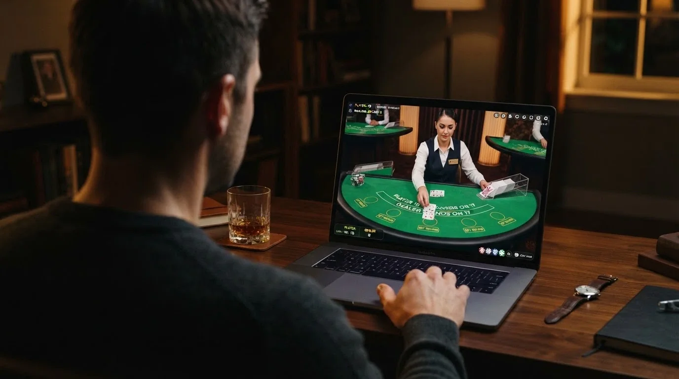 Un tavolo da blackjack in streaming HD con croupier professionista, interfaccia di puntata su schermo e atmosfera da casinò reale