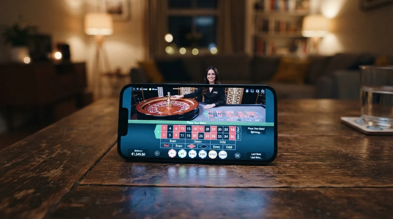 Tavolo di roulette dal vivo con croupier in streaming su app casinò Android, con l'interfaccia delle puntate in sovrimpressione