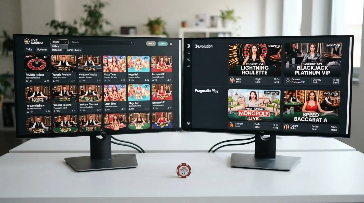 Due interfacce affiancate di casinò live con lobby diverse: a sinistra una griglia fitta di tavoli in miniatura, a destra una vista per provider con anteprime dei croupier