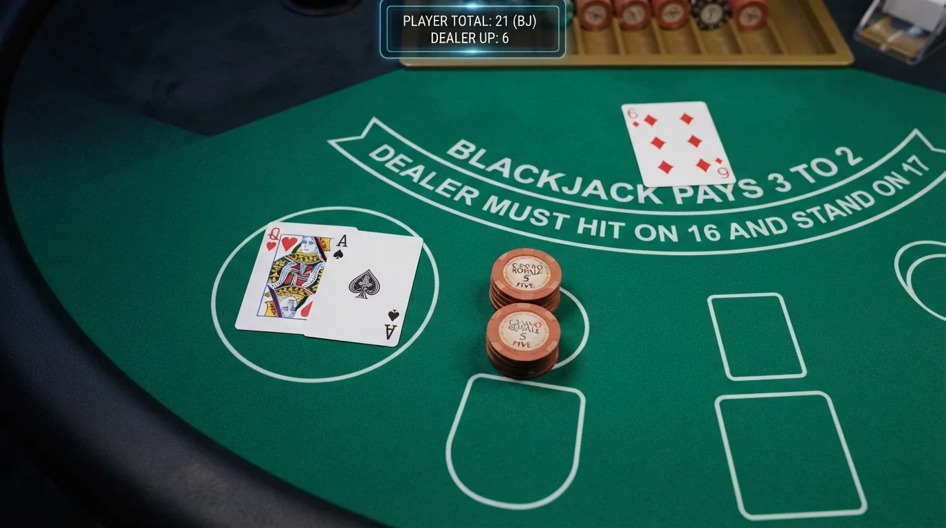 Mano di blackjack su un tavolo live con due carte scoperte del giocatore, una carta del banco visibile e l'interfaccia di puntata sullo schermo