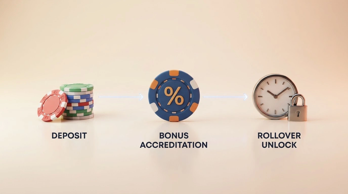 Una illustrazione a tre fasi: deposito → accredito bonus → sblocco dopo rollover, con icone che rappresentano il vincolo temporale e il volume di gioco
