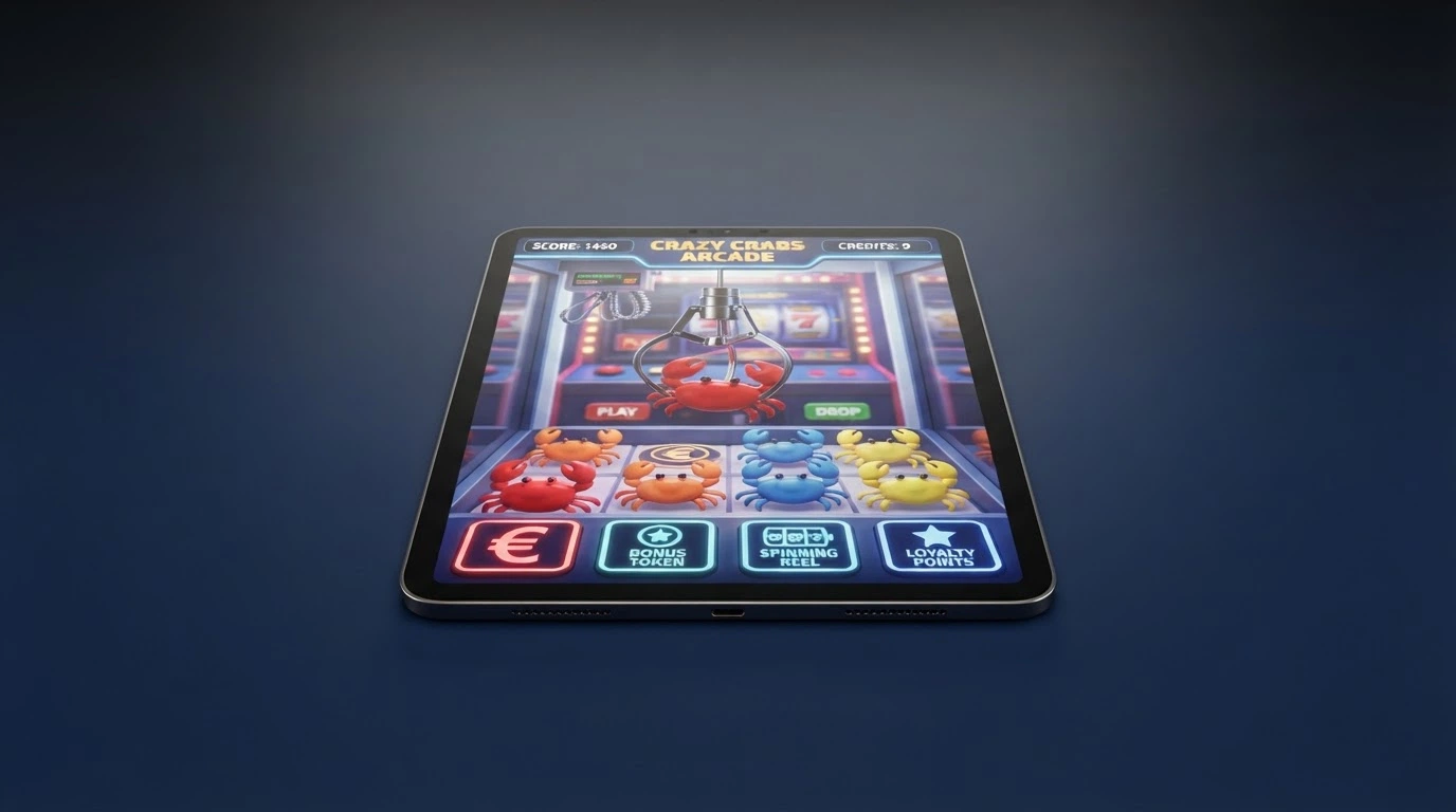 illustrazione della claw machine virtuale del Bonus Crab con i premi disponibili (denaro, bonus, giri, monete) visibili negli artigli
