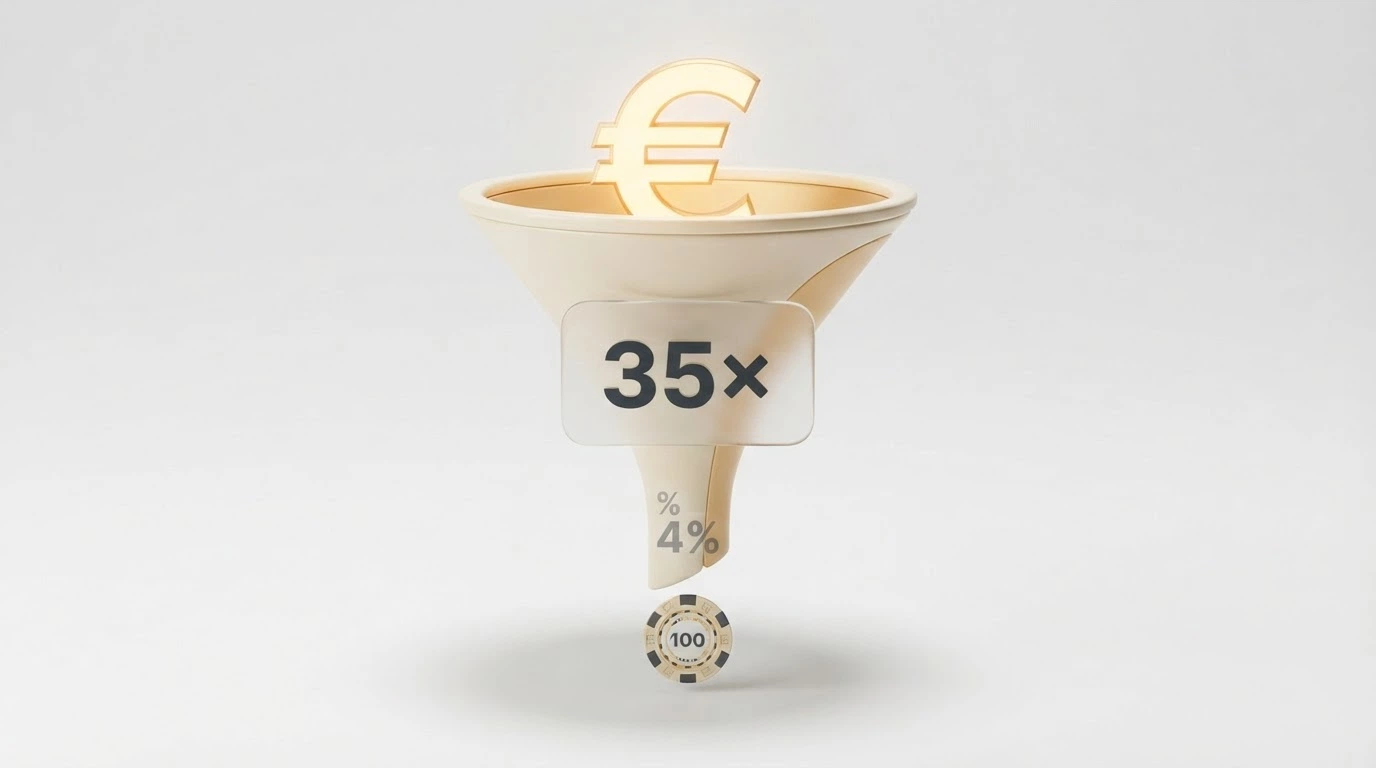 Un grafico a imbuto rovesciato: in cima «bonus €10», sotto «wagering 35× = €350 da giocare», sotto «RTP 96% = perdita attesa €14», in fondo «cap di conversione»