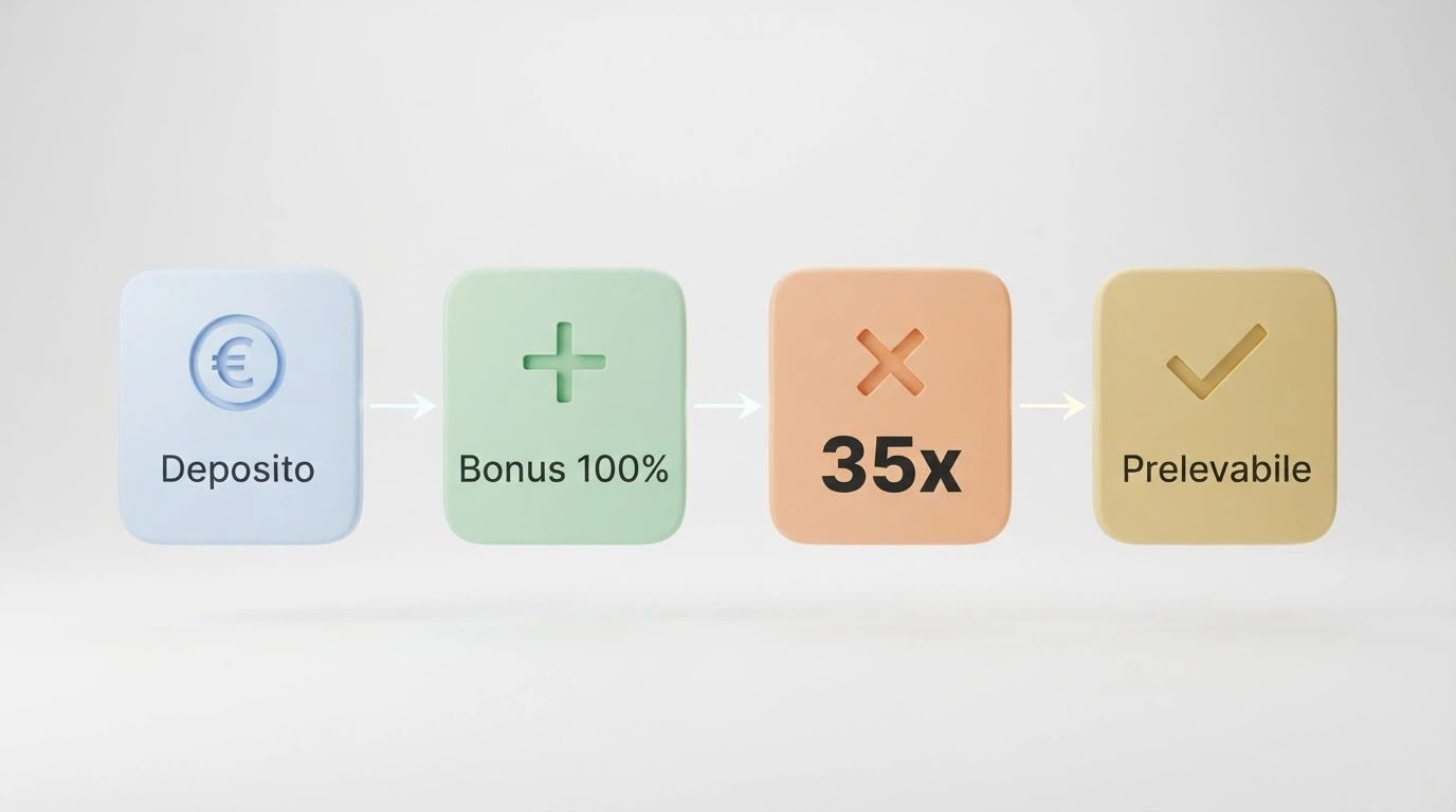 Un diagramma che mostra il percorso di un bonus da €100: deposito → accredito bonus → moltiplicazione per il rollover (35x = €3.500 da giocare) → vincita prelevabile