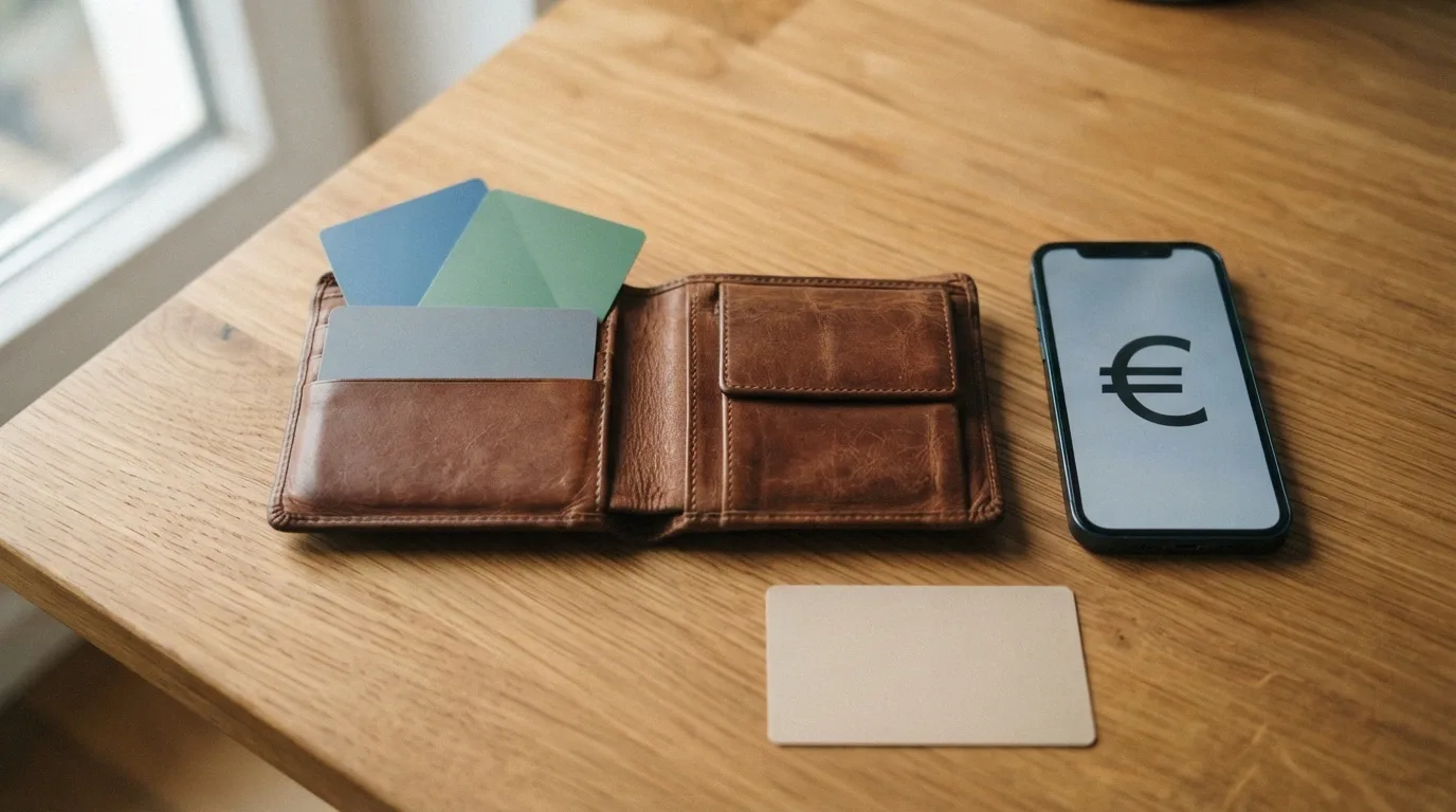 Un portafoglio aperto con carte di credito, un telefonino con il logo PayPal e una carta Postepay in primo piano
