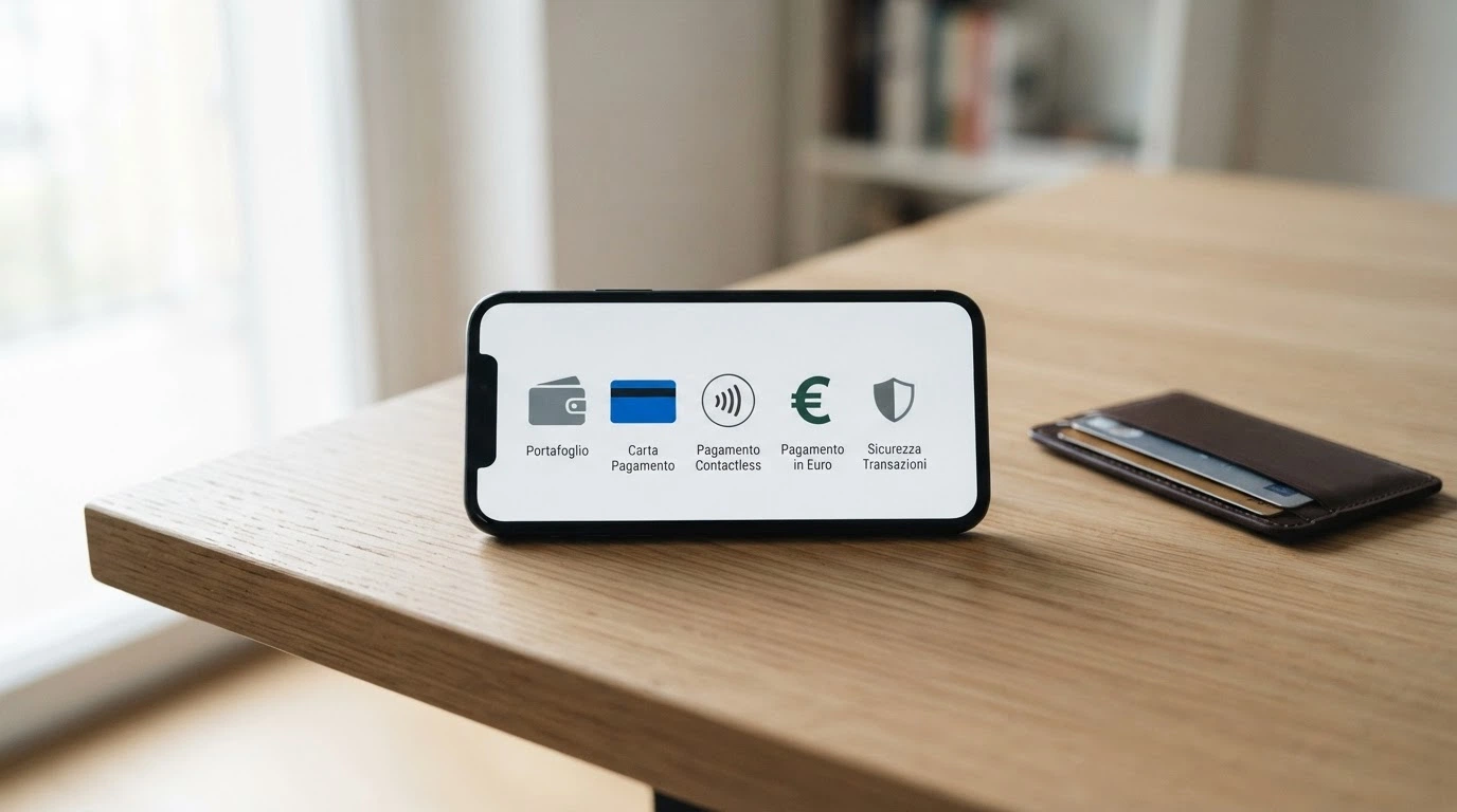 Smartphone con le icone di PayPal, Apple Pay, PostePay, Skrill e una carta di credito, affiancate da un portafoglio crypto