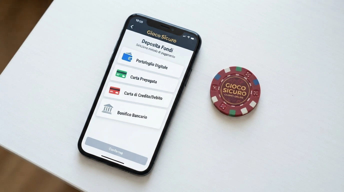 Schermata di deposito in un'app casinò ADM con le opzioni PayPal, PostePay, Skrill, carta di credito e bonifico bancario in elenco