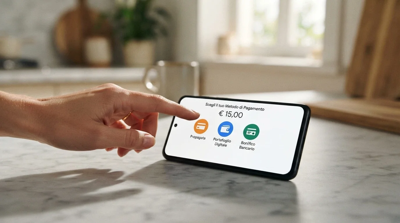 Smartphone con le icone di PostePay, PayPal e Skrill affiancate nell'interfaccia di pagamento di un casinò