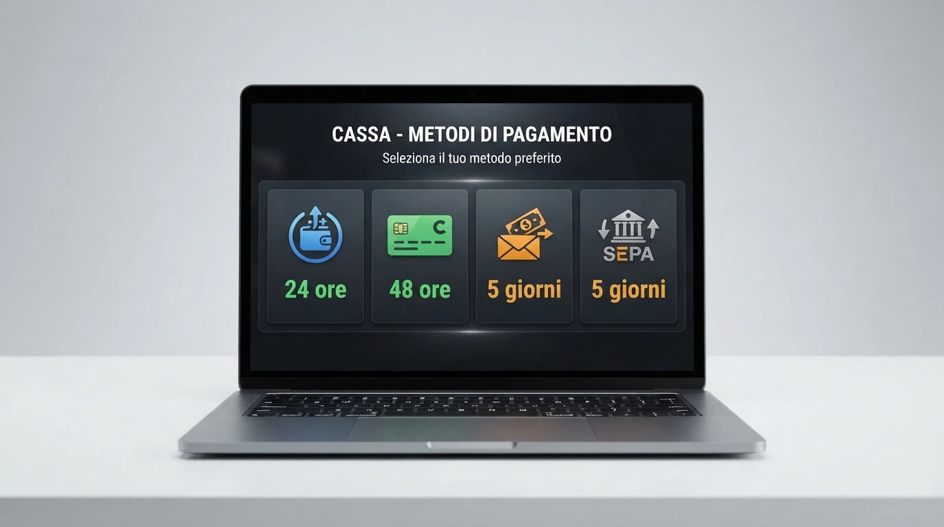 Una schermata di cassa di un casinò online con le icone di PayPal, Postepay, Skrill e bonifico bancario affiancate, con i tempi di prelievo indicati sotto ciascuna