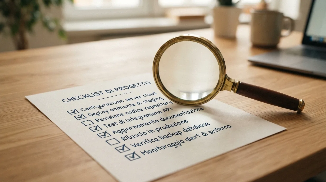 Una lente di ingrandimento su una lista di controllo con voci come «concessione ADM», «rollover», «validità», «fonti terze»
