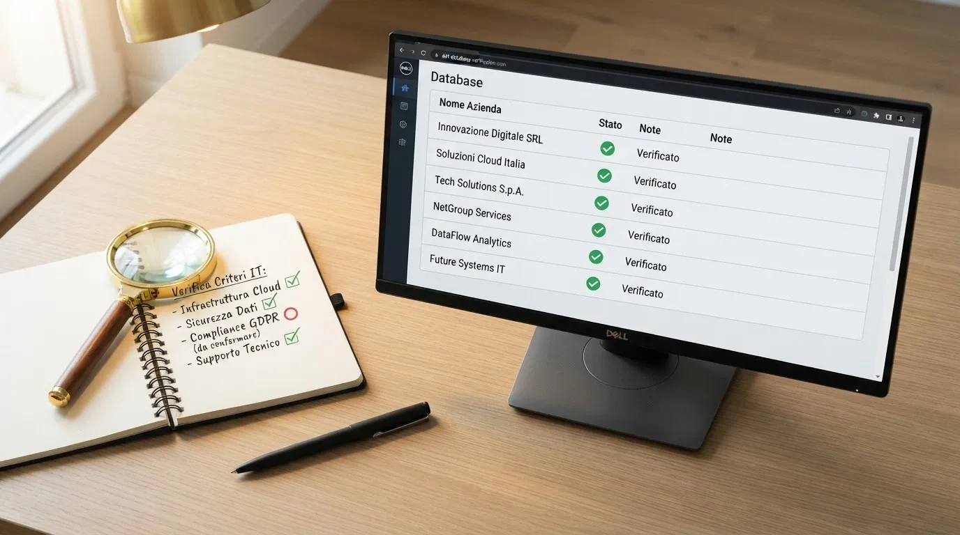 Una scrivania con monitor che mostra il portale ADM, un blocco note con criteri di valutazione e una lente di ingrandimento
